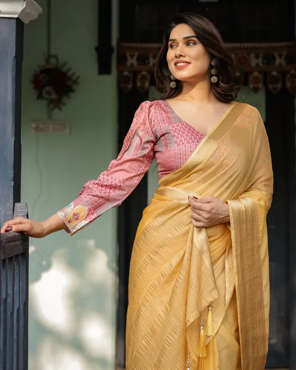 Radiant_Mustard_Yellow_Plain_Chiffon_Saree_with_Gold_Zari_Border,_Printed_Designer_Blouse_&_Tassel_Detailing