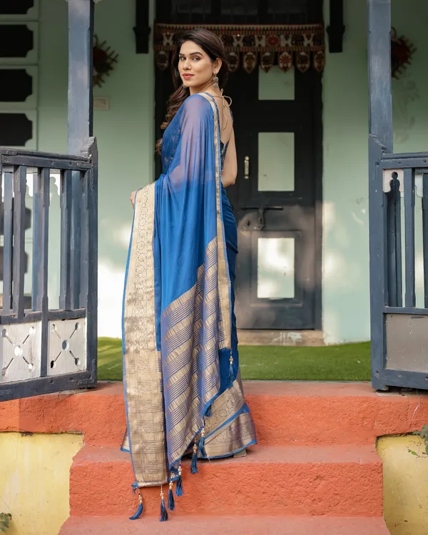 Royal_Blue_Plain_Chiffon_Saree_with_Gold_Zari_Border,_Geometric_Printed_Blouse_&_Tassel_Detailing