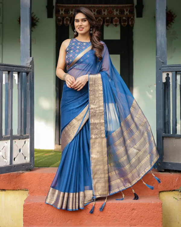 Royal_Blue_Plain_Chiffon_Saree_with_Gold_Zari_Border,_Geometric_Printed_Blouse_&_Tassel_Detailing