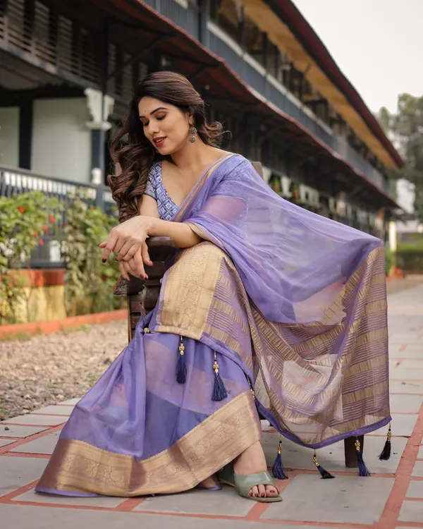 Lavender_Plain_Chiffon_Saree_with_Gold_Zari_Border,_Geometric_Printed_Blouse_&_Tassel_Detailing