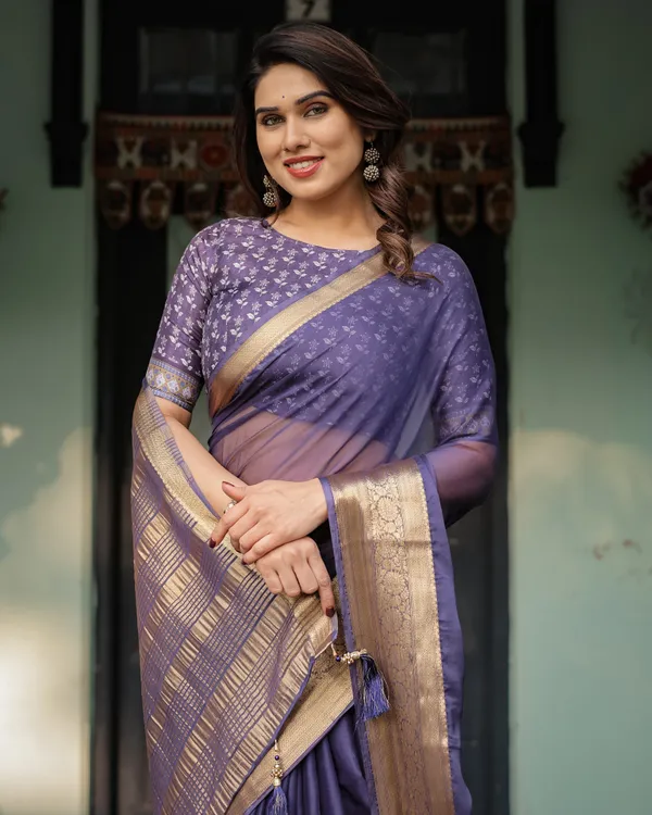 Deep_Violet_Plain_Chiffon_Saree_with_Gold_Zari_Border,_Floral_Printed_Blouse_&_Tassel_Detailing