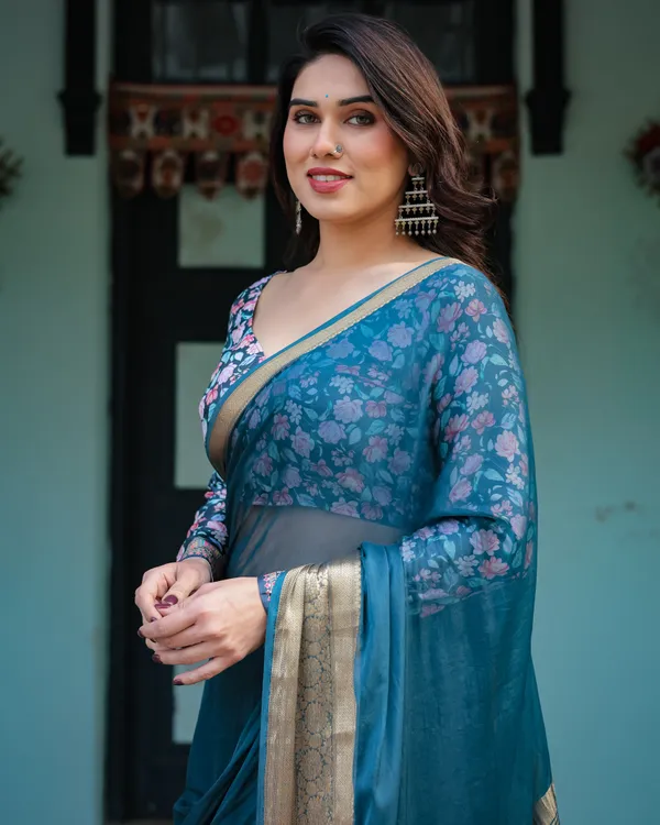 Teal_Blue_Plain_Chiffon_Saree_with_Gold_Zari_Border,_Floral_Printed_Blouse_&_Tassel_Detailing