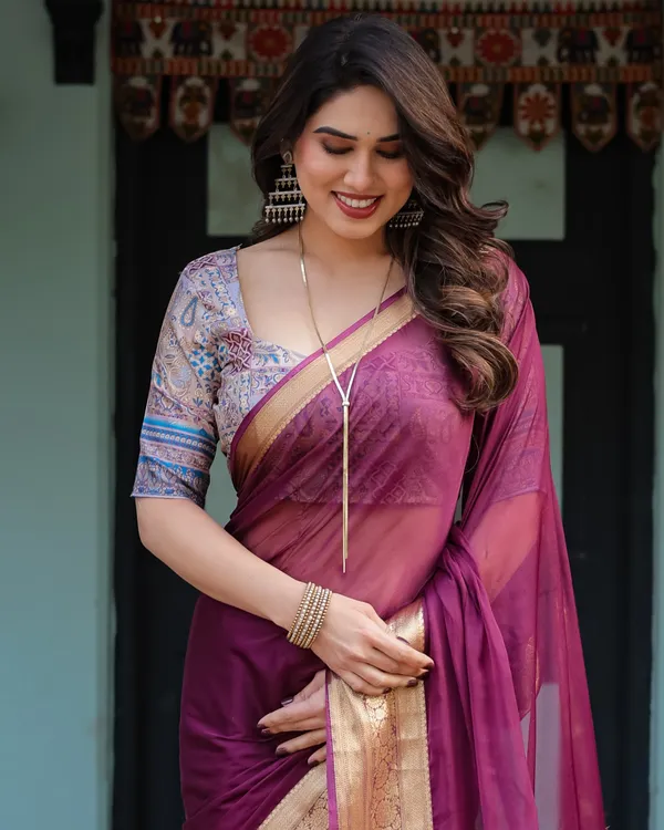 Majestic_Plum_Plain_Chiffon_Saree_with_Gold_Zari_Border,_Printed_Designer_Blouse_&_Tassel_Detailing