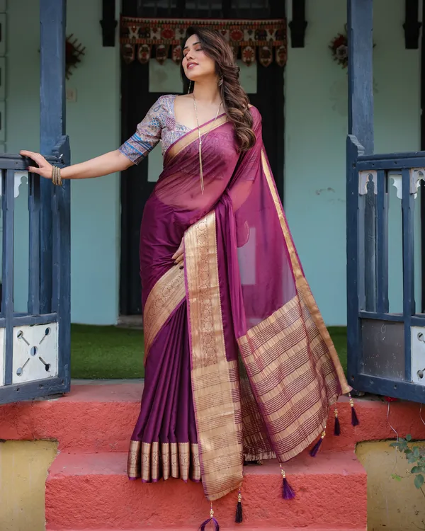Majestic_Plum_Plain_Chiffon_Saree_with_Gold_Zari_Border,_Printed_Designer_Blouse_&_Tassel_Detailing