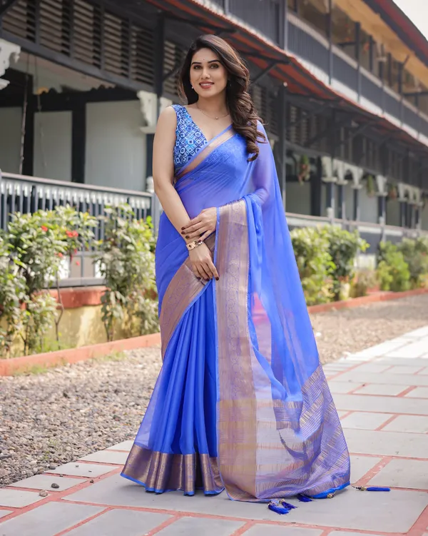 Royal_Blue_Plain_Chiffon_Saree_with_Gold_Zari_Border,_Geometric_Printed_Blouse_&_Tassel_Detailing