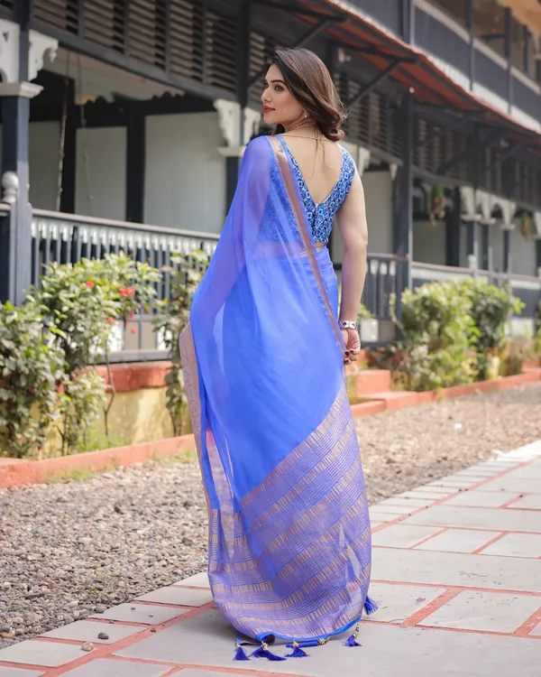 Royal_Blue_Plain_Chiffon_Saree_with_Gold_Zari_Border,_Geometric_Printed_Blouse_&_Tassel_Detailing