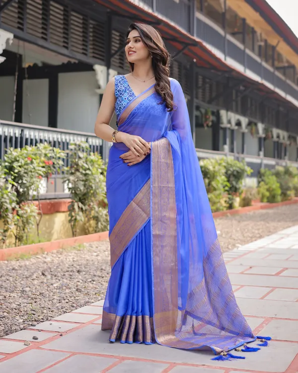 Royal_Blue_Plain_Chiffon_Saree_with_Gold_Zari_Border,_Geometric_Printed_Blouse_&_Tassel_Detailing