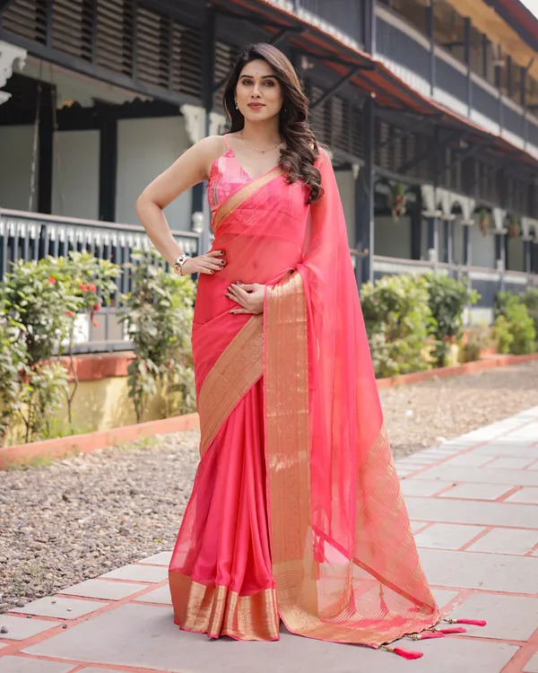 Flamingo_Pink_Plain_Chiffon_Saree_with_Gold_Zari_Border,_Patterned_Blouse_&_Tassel_Detailing