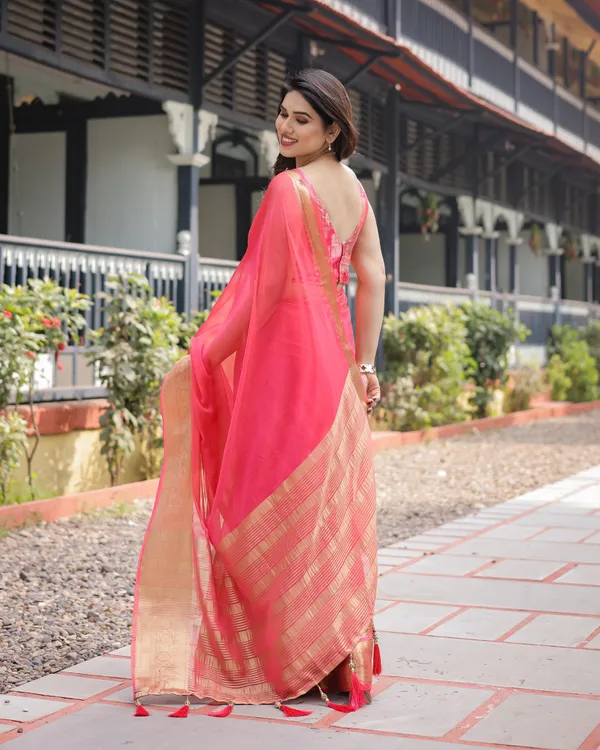 Flamingo_Pink_Plain_Chiffon_Saree_with_Gold_Zari_Border,_Patterned_Blouse_&_Tassel_Detailing