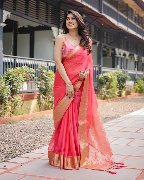 Flamingo_Pink_Plain_Chiffon_Saree_with_Gold_Zari_Border,_Patterned_Blouse_&_Tassel_Detailing