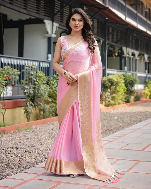 Soft_Baby_Pink_Plain_Chiffon_Saree_with_Gold_Zari_Border,_Geometric_Embroidered_Blouse_&_Tassel_Detailing