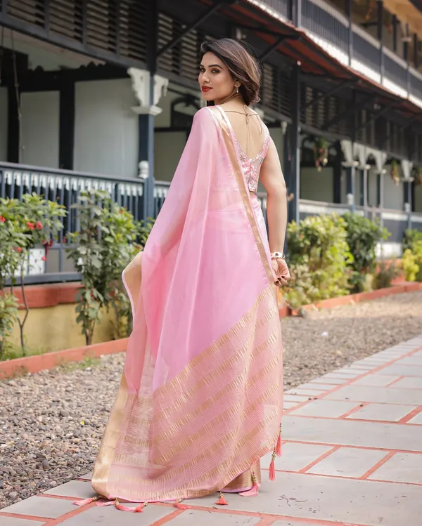 Soft_Baby_Pink_Plain_Chiffon_Saree_with_Gold_Zari_Border,_Geometric_Embroidered_Blouse_&_Tassel_Detailing