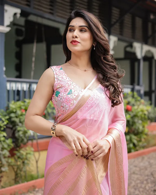 Soft_Baby_Pink_Plain_Chiffon_Saree_with_Gold_Zari_Border,_Geometric_Embroidered_Blouse_&_Tassel_Detailing