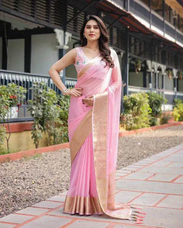 Soft_Baby_Pink_Plain_Chiffon_Saree_with_Gold_Zari_Border,_Geometric_Embroidered_Blouse_&_Tassel_Detailing
