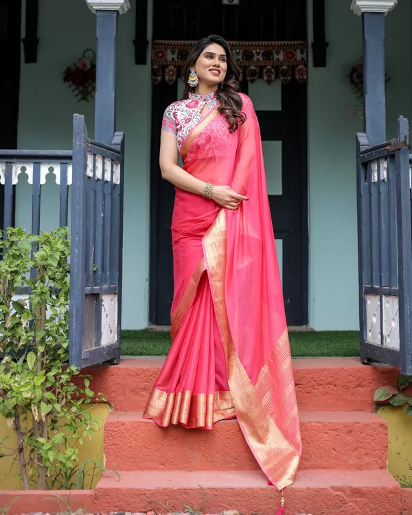 Raspberry_Pink_Plain_Chiffon_Saree_with_Gold_Zari_Border,_High-Neck_Floral_Printed_Blouse_&_Tassel_Detailing