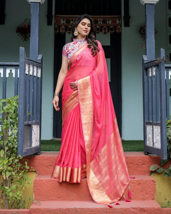 Raspberry_Pink_Plain_Chiffon_Saree_with_Gold_Zari_Border,_High-Neck_Floral_Printed_Blouse_&_Tassel_Detailing