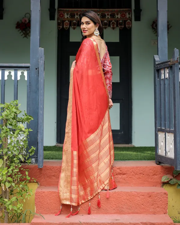 Fiery_Red_Plain_Chiffon_Saree_with_Gold_Zari_Border,_Full-Sleeve_Floral_Blouse_&_Tassel_Detailing