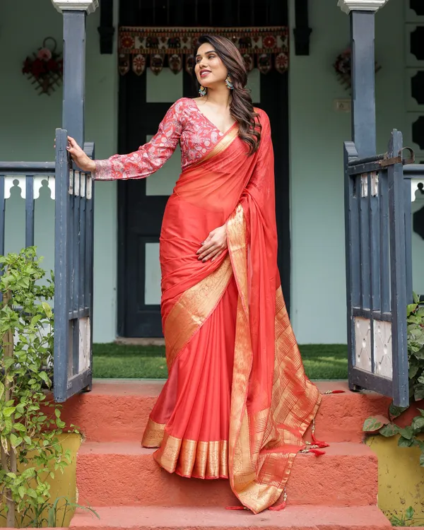 Fiery_Red_Plain_Chiffon_Saree_with_Gold_Zari_Border,_Full-Sleeve_Floral_Blouse_&_Tassel_Detailing