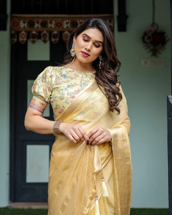 Sunshine_Yellow_Plain_Chiffon_Saree_with_Gold_Zari_Border_and_Floral_Puff_Sleeve_Blouse