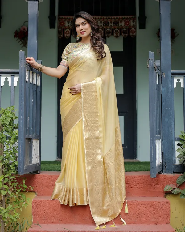 Sunshine_Yellow_Plain_Chiffon_Saree_with_Gold_Zari_Border_and_Floral_Puff_Sleeve_Blouse