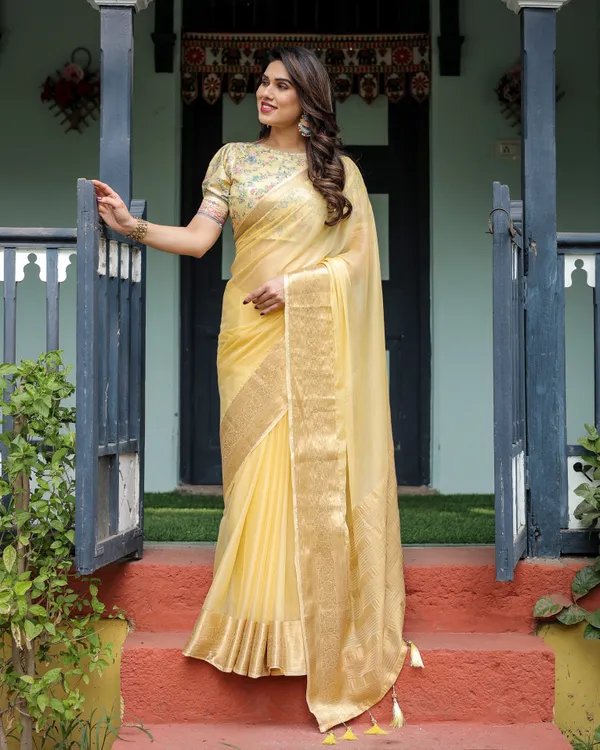 Sunshine_Yellow_Plain_Chiffon_Saree_with_Gold_Zari_Border_and_Floral_Puff_Sleeve_Blouse