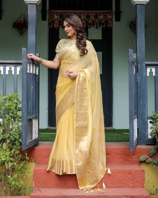 Sunshine_Yellow_Plain_Chiffon_Saree_with_Gold_Zari_Border_and_Floral_Puff_Sleeve_Blouse