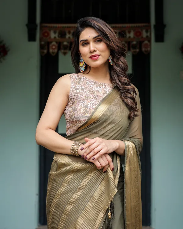 Olive_Green_Sheer_Chiffon_Saree_with_Gold_Zari_Border_and_Floral_Designer_Blouse