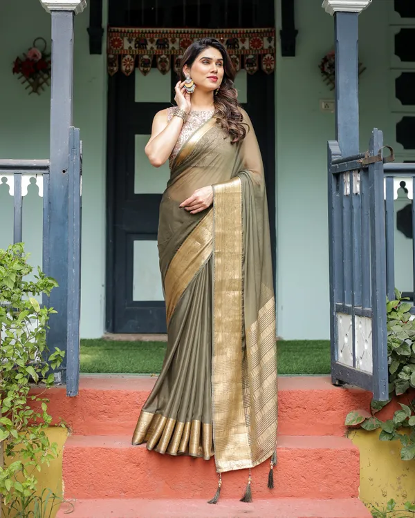 Olive_Green_Sheer_Chiffon_Saree_with_Gold_Zari_Border_and_Floral_Designer_Blouse