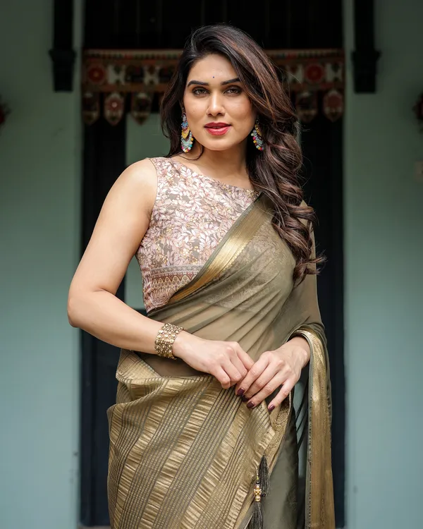 Olive_Green_Sheer_Chiffon_Saree_with_Gold_Zari_Border_and_Floral_Designer_Blouse