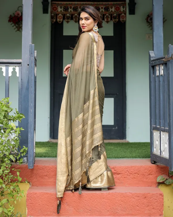 Olive_Green_Sheer_Chiffon_Saree_with_Gold_Zari_Border_and_Floral_Designer_Blouse