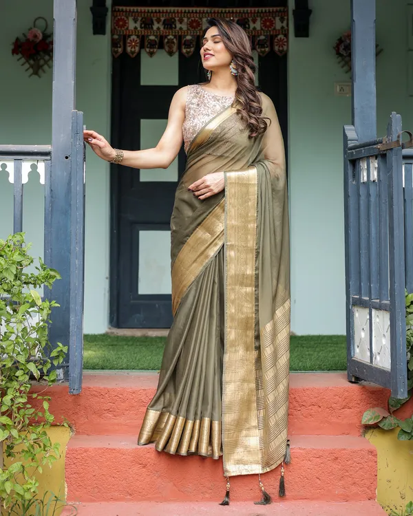 Olive_Green_Sheer_Chiffon_Saree_with_Gold_Zari_Border_and_Floral_Designer_Blouse
