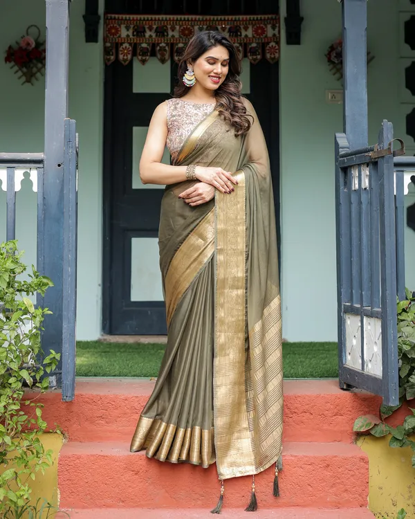 Olive_Green_Sheer_Chiffon_Saree_with_Gold_Zari_Border_and_Floral_Designer_Blouse