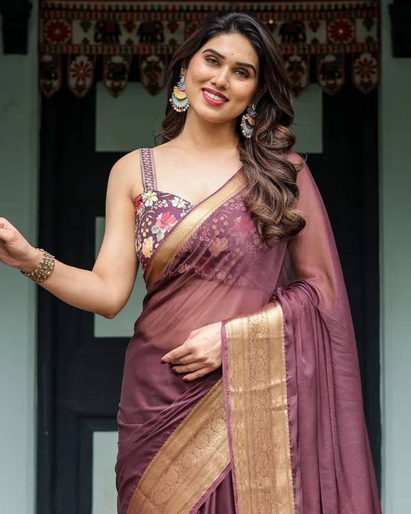 Plum_Sheer_Chiffon_Saree_with_Golden_Zari_Border_and_Floral_Designer_Blouse