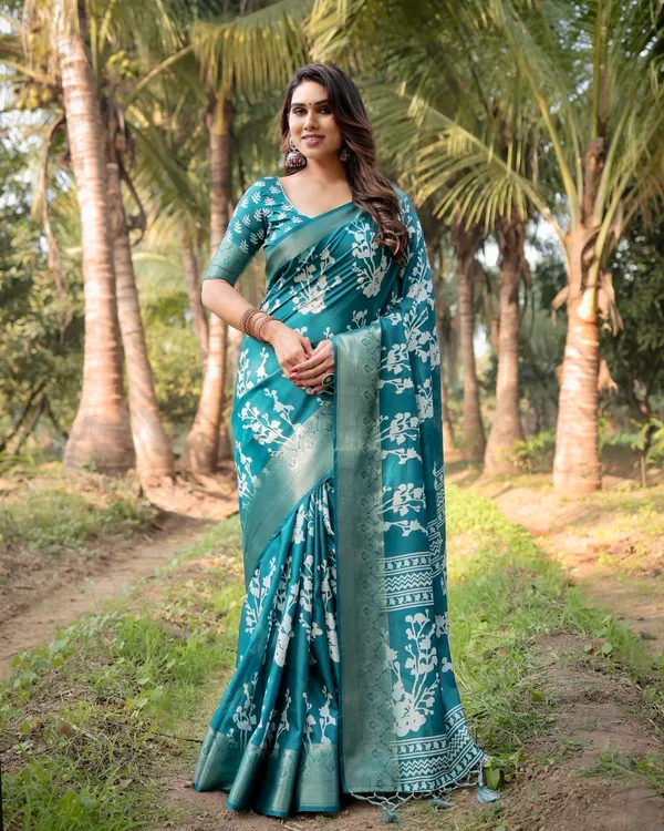 Teal_Blue_Tussar_Silk_Saree_with_White_Floral_Design,_Gold_Zari_Border_&_Tassel_Pallu