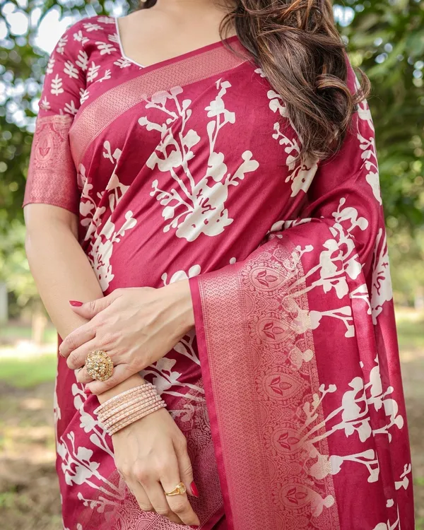 Maroon_Tussar_Silk_Saree_with_White_Floral_Motifs,_Intricate_Zari_Border,_and_Elegant_Tassel_Pallu