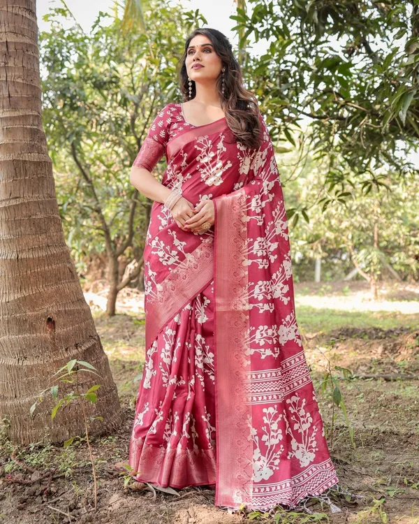 Maroon_Tussar_Silk_Saree_with_White_Floral_Motifs,_Intricate_Zari_Border,_and_Elegant_Tassel_Pallu