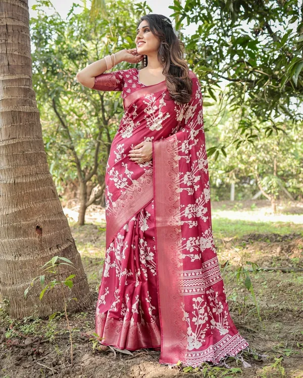 Maroon_Tussar_Silk_Saree_with_White_Floral_Motifs,_Intricate_Zari_Border,_and_Elegant_Tassel_Pallu