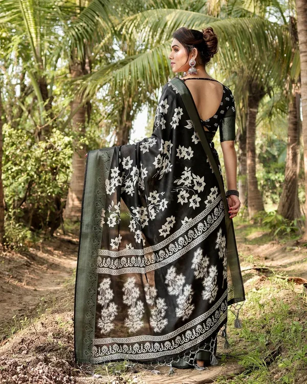 Elegant_Black_Tussar_Silk_Saree_with_Zari_Embellished_Border_and_Bold_Floral_Pallu