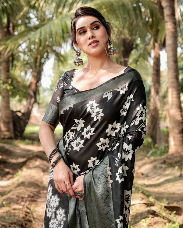 Elegant_Black_Tussar_Silk_Saree_with_Zari_Embellished_Border_and_Bold_Floral_Pallu