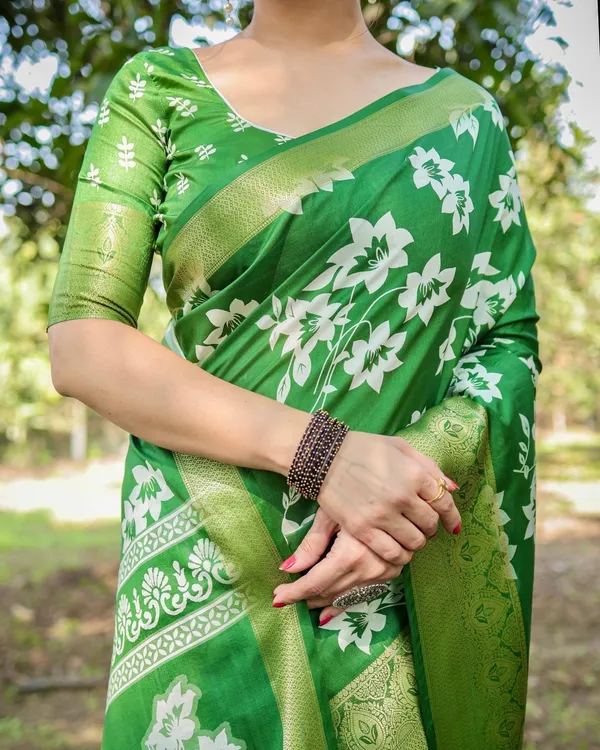 Enchanting_Green_Tussar_Silk_Saree_with_White_Floral_Prints_and_Zari_Border