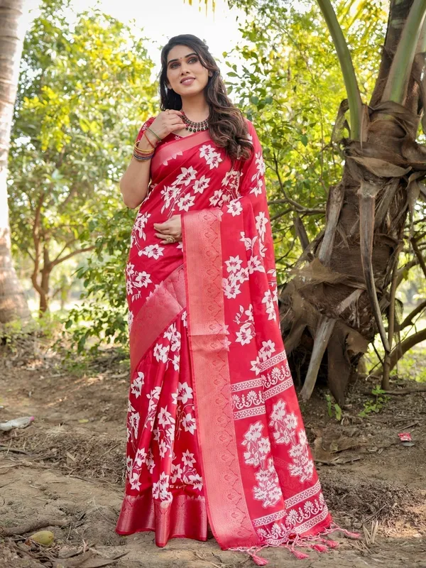 Graceful_Red_Tussar_Silk_Saree_with_White_Floral_Design_and_Zari_Border