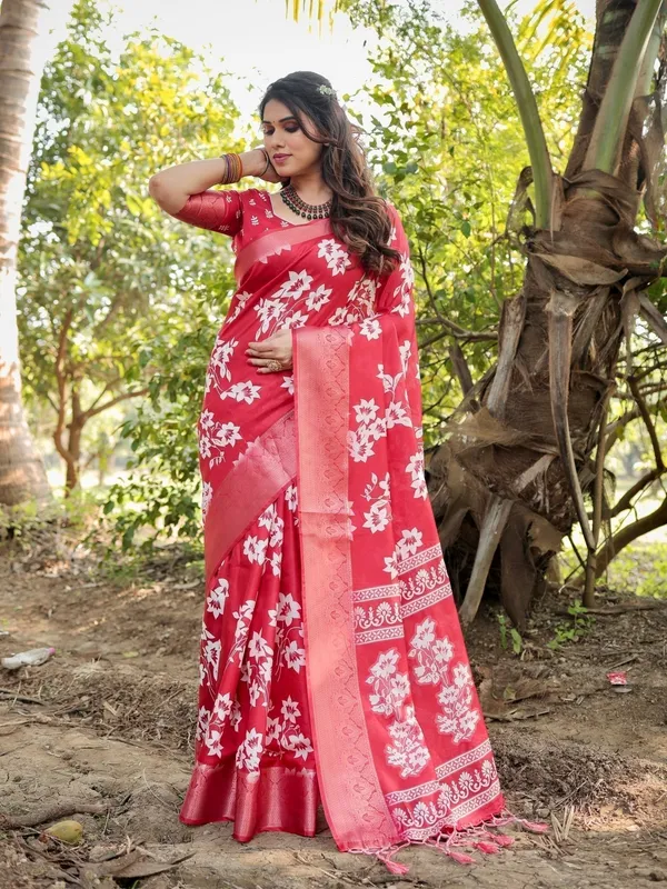 Graceful_Red_Tussar_Silk_Saree_with_White_Floral_Design_and_Zari_Border