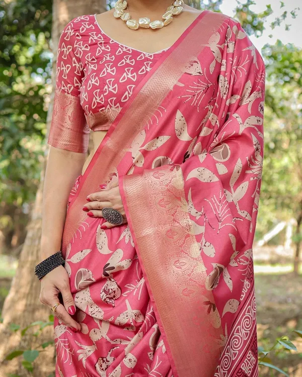 Vibrant_Pink_Tussar_Silk_Saree_with_Intricate_Zari_Border_and_Modern_Floral_Pallu