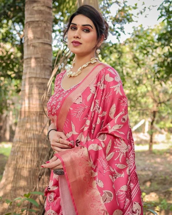 Vibrant_Pink_Tussar_Silk_Saree_with_Intricate_Zari_Border_and_Modern_Floral_Pallu