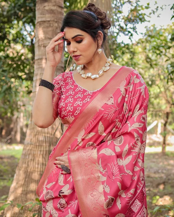 Vibrant_Pink_Tussar_Silk_Saree_with_Intricate_Zari_Border_and_Modern_Floral_Pallu