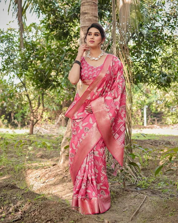 Vibrant_Pink_Tussar_Silk_Saree_with_Intricate_Zari_Border_and_Modern_Floral_Pallu