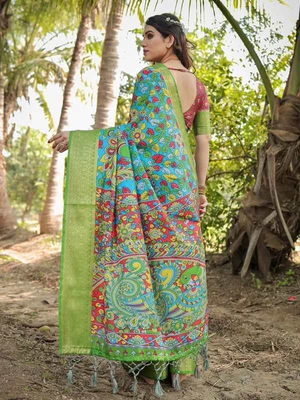 Vibrant_Peacock_Motif_Blue_and_Green_Tussar_Silk_Saree_with_Zari_Border
