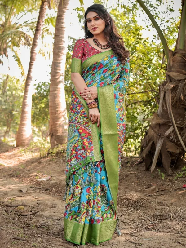 Vibrant_Peacock_Motif_Blue_and_Green_Tussar_Silk_Saree_with_Zari_Border
