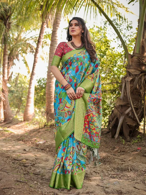 Vibrant_Peacock_Motif_Blue_and_Green_Tussar_Silk_Saree_with_Zari_Border