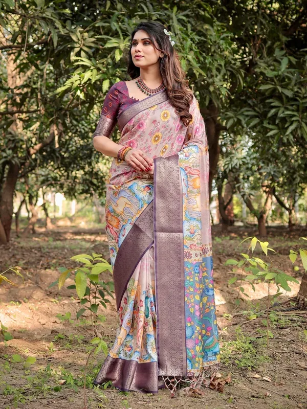 Pastel_Beige_Tussar_Silk_Saree_with_Vibrant_Floral_Motifs_and_Zari_Border